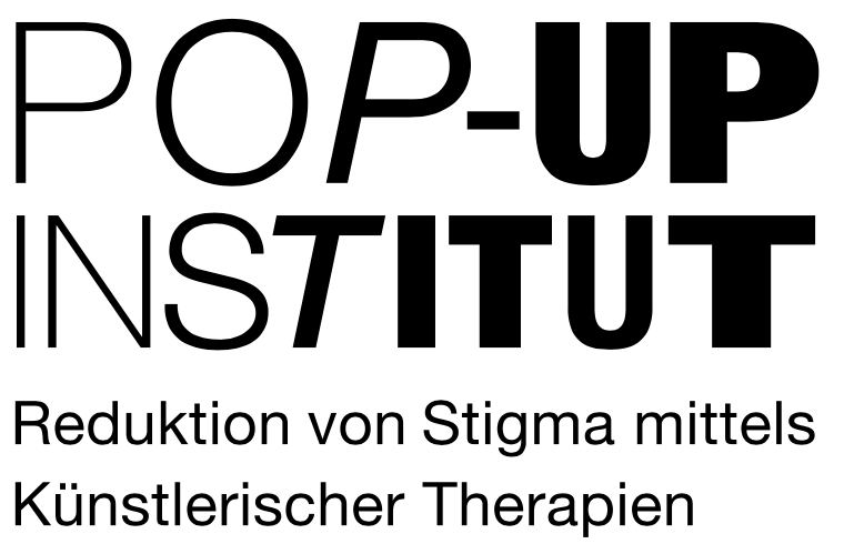 Logo des Pop-up Instituts mit dem Untertitel Reduktion von Stigma mittels Künstlerischer Therapien