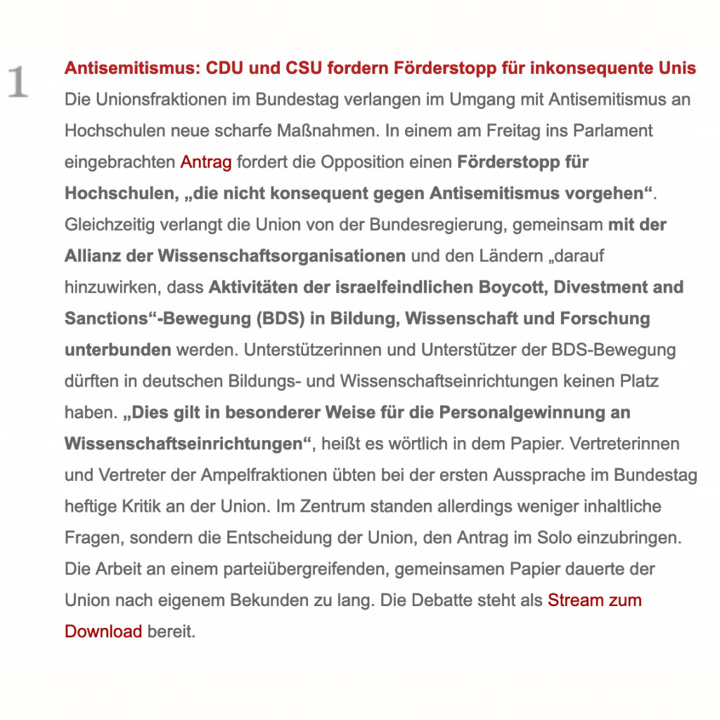 Screenshot eines Ausschnitts eines Newsletters von Zeit wissen mit dem Titel "Antisemitismus: CDU und CSU fordern Förderstopp für inkonsequente Unis" | Screenshot of an excerpt from a Zeit wissen newsletter entitled "Anti-Semitism: CDU and CSU call for funding stop for inconsistent universities"