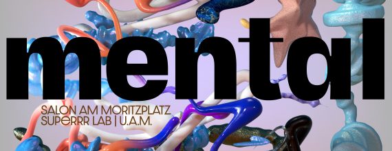 Festivalposter: Eine farbige 3D Grafik über der der Titel "mental" liegt. Links oben steht "Das Kunstfestival zu Schizophrenie". Rechts unten steht "11.-18. Juni 2022".